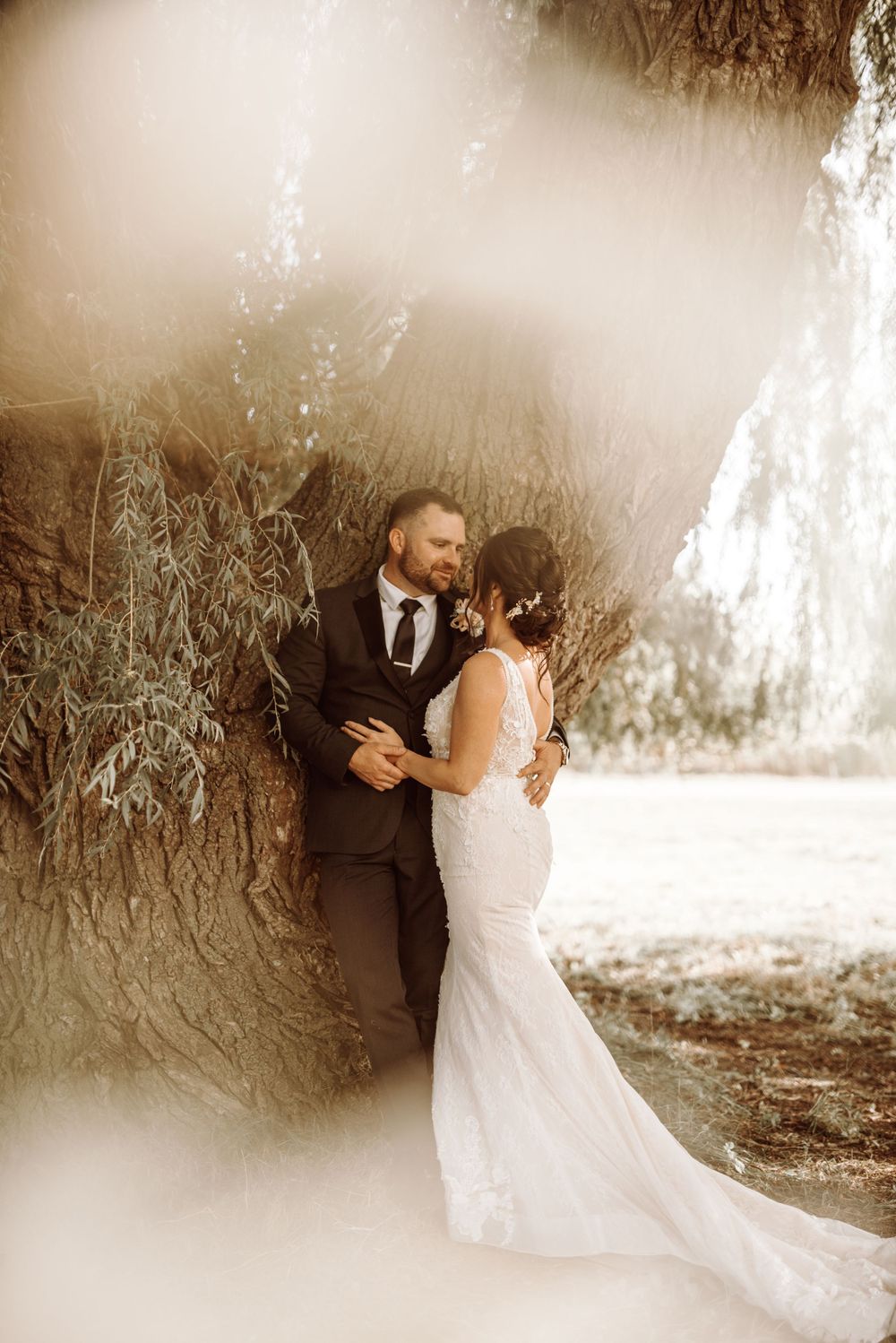 A romantic wedding photo of a couple embracing under willow trees with dreamy sunlit atmosphere.