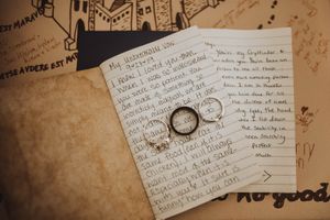 Wedding rings placed on handwritten vows with vintage map background.