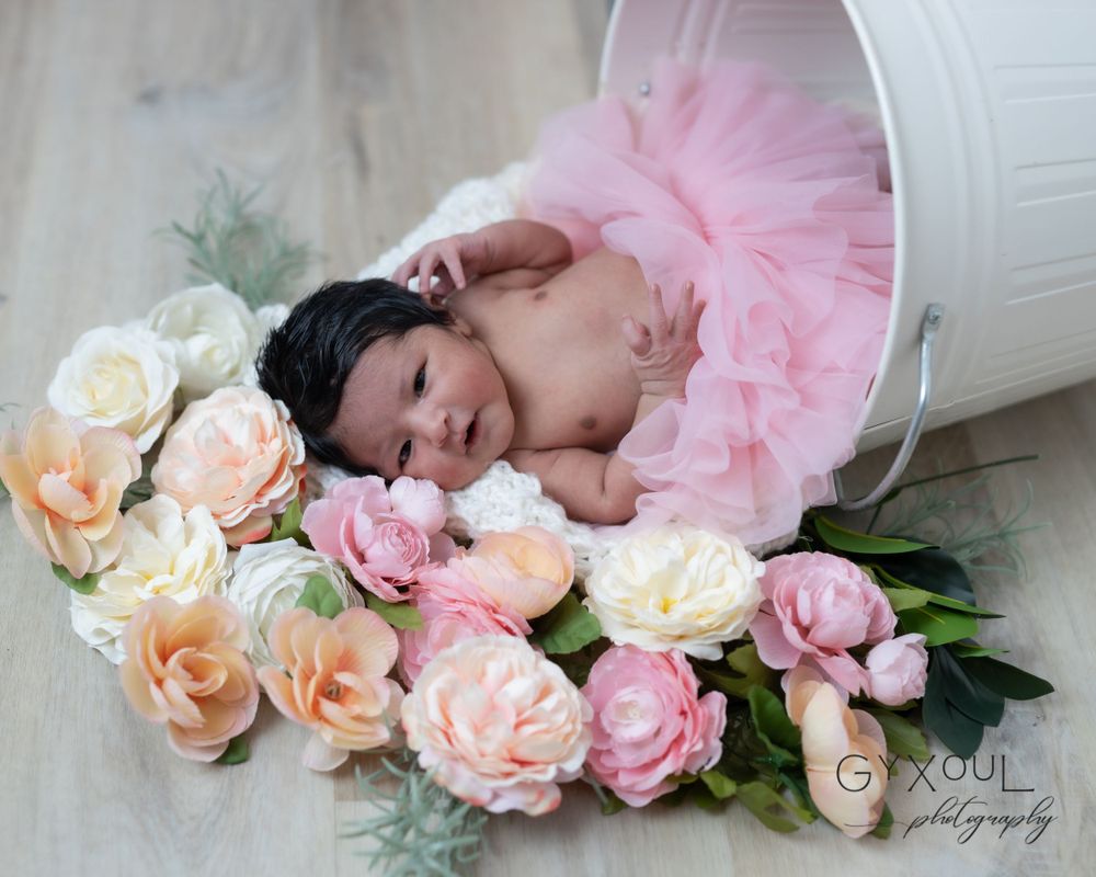 A sleeping newborn in pink tutu surrounded by pink and peach roses in a white bucket.