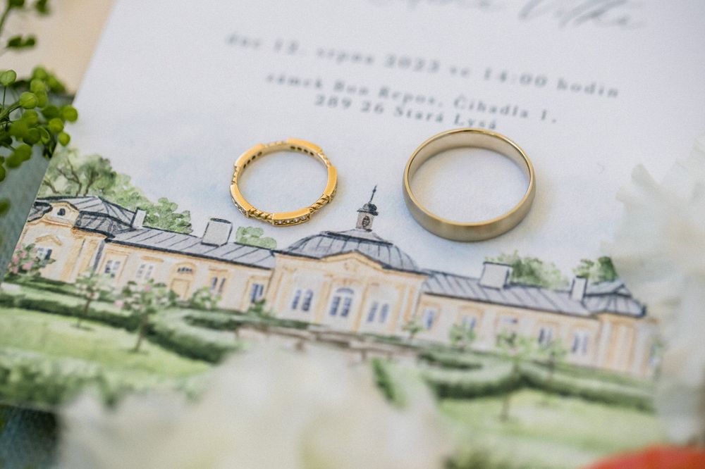 Wedding rings photographed on an illustrated venue sketch.