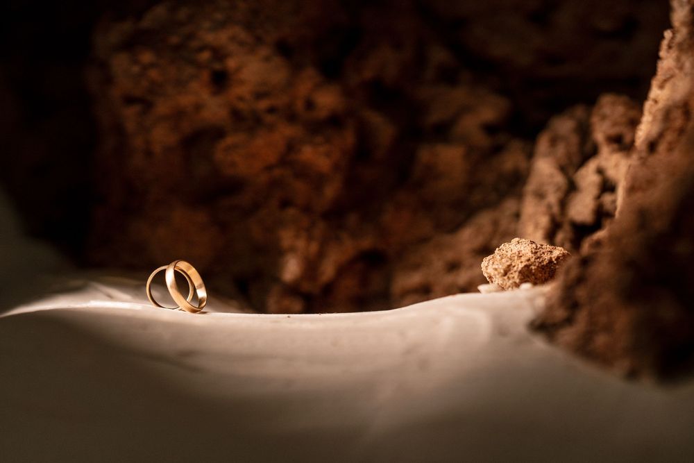 Wedding rings sparkle in dramatic lighting against a dark textured background.