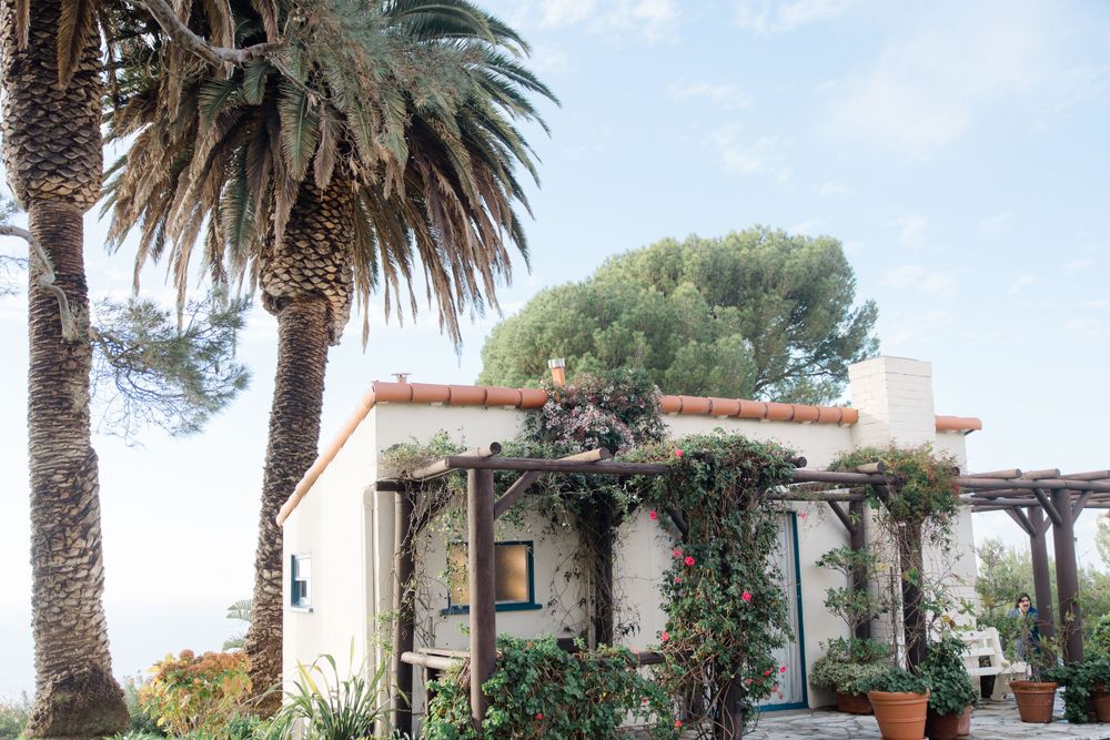 Mediterranean villa exterior with tall palm trees lining the pathway.
