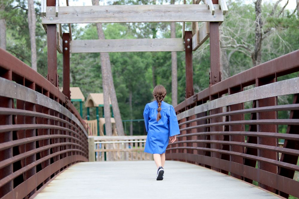 Wooden bridge pathway through a wooded park area on a sunny day.