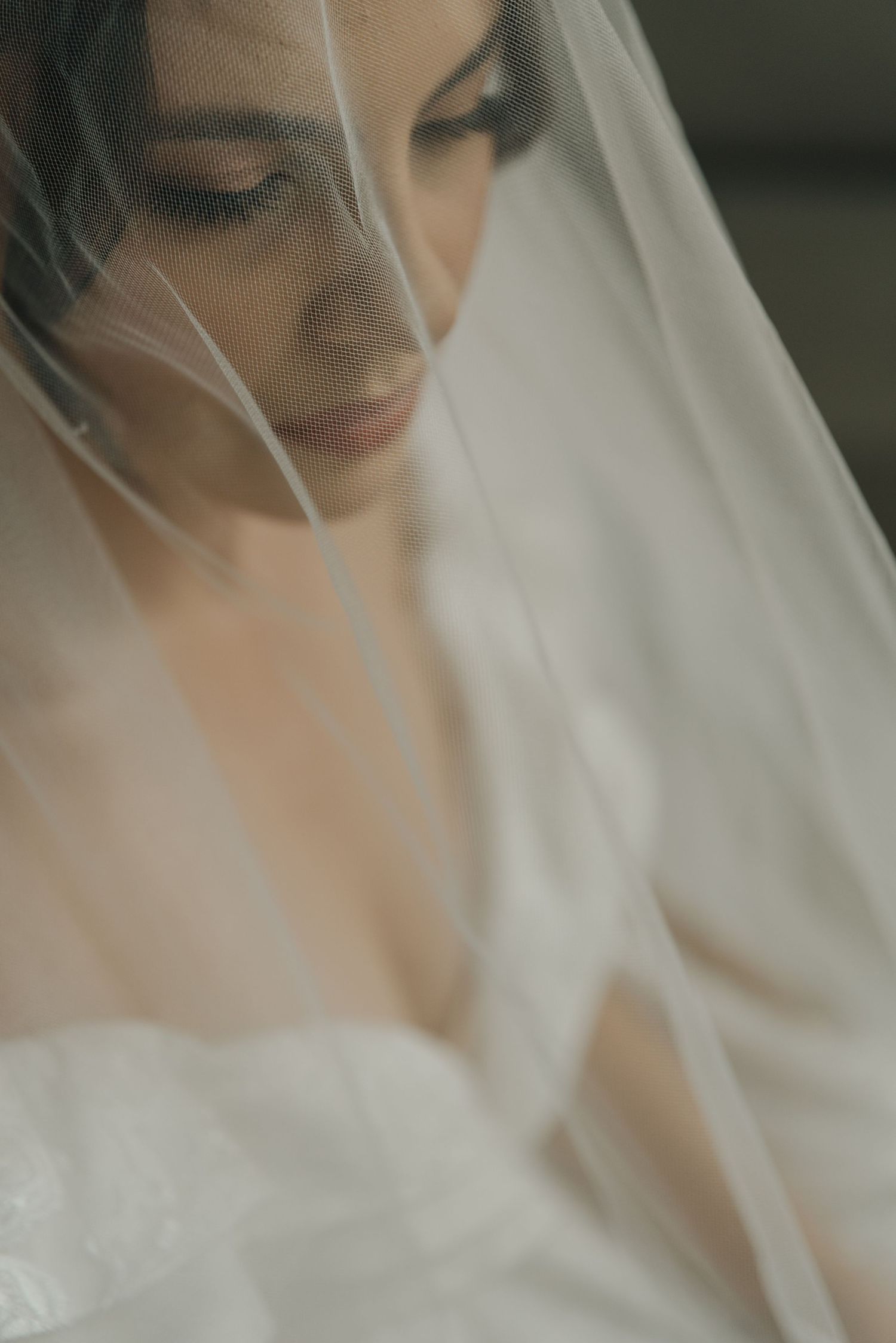 Close-up of a bride wearing a delicate white veil in soft natural lighting.
