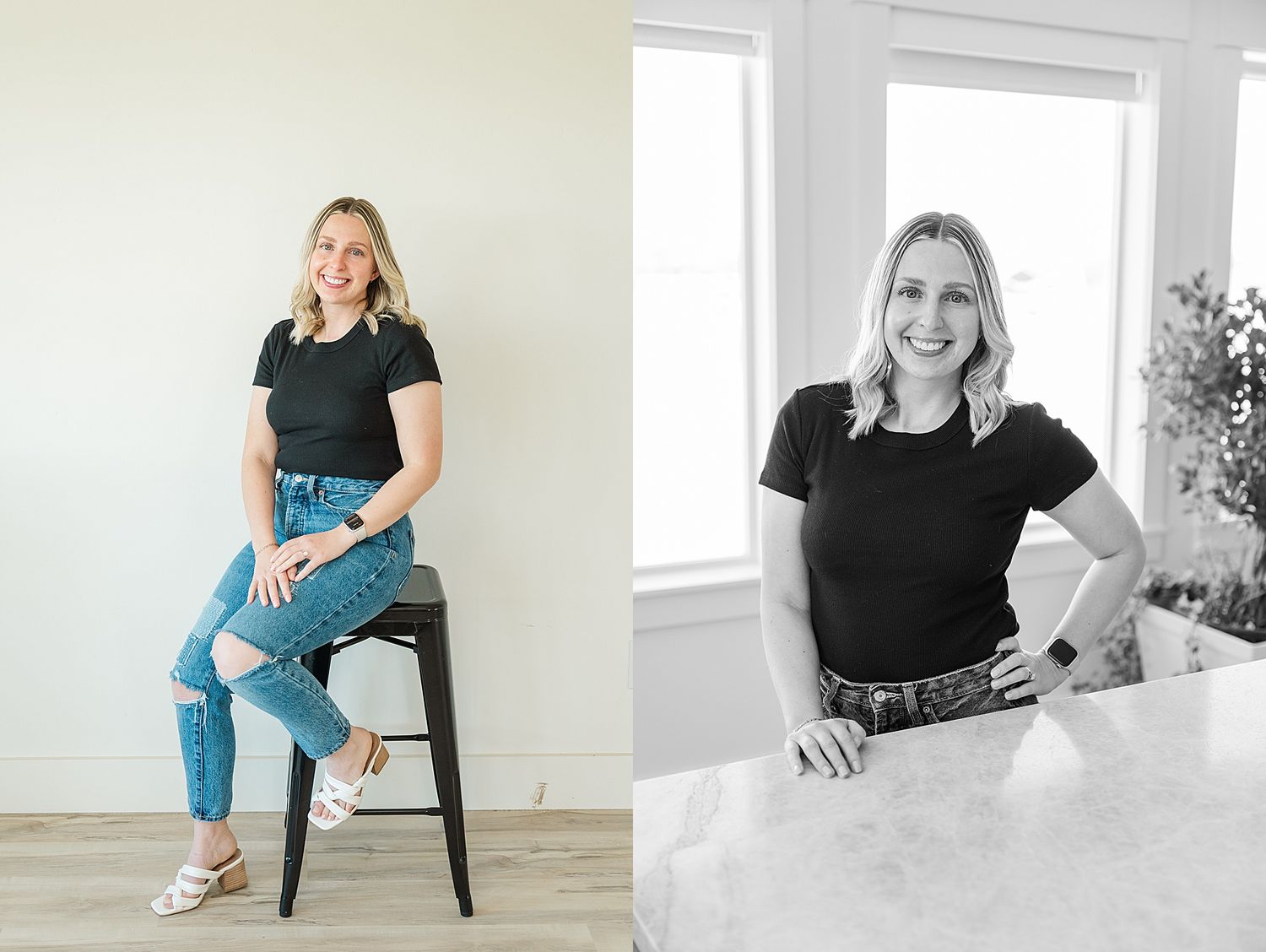 Professional lifestyle photo shoot featuring casual outfit with black top and distressed jeans in bright minimal setting.