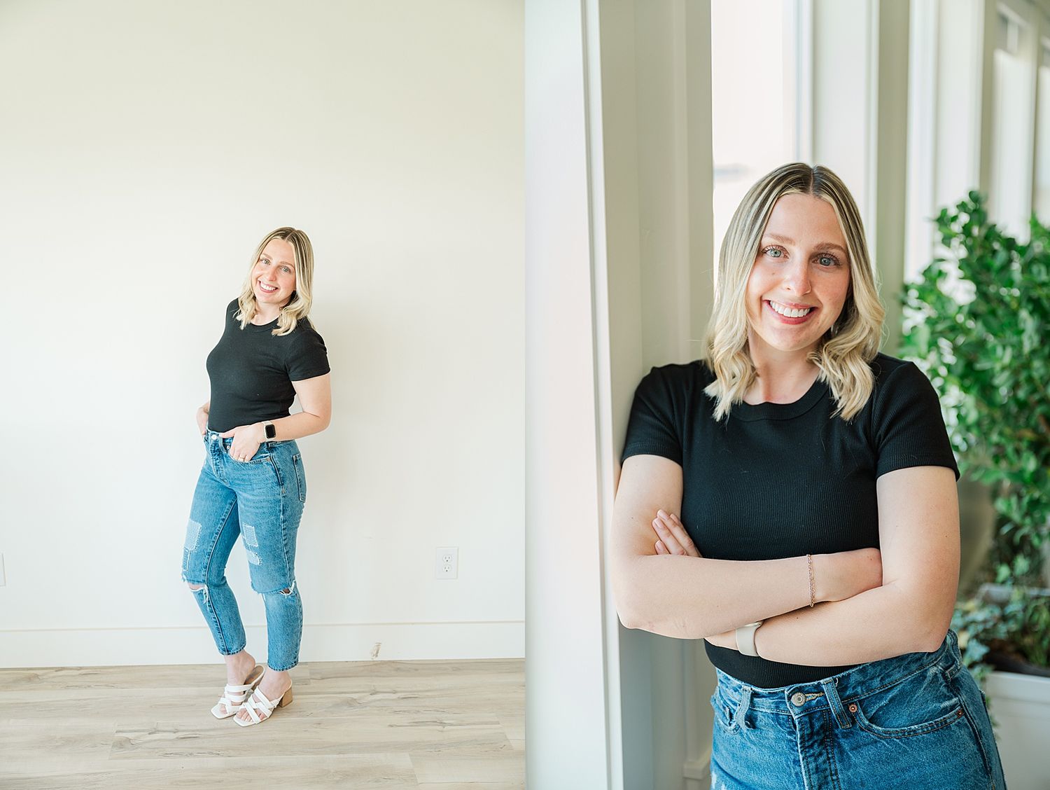 Lifestyle portraits showing relaxed poses in black top and jeans against white walls.