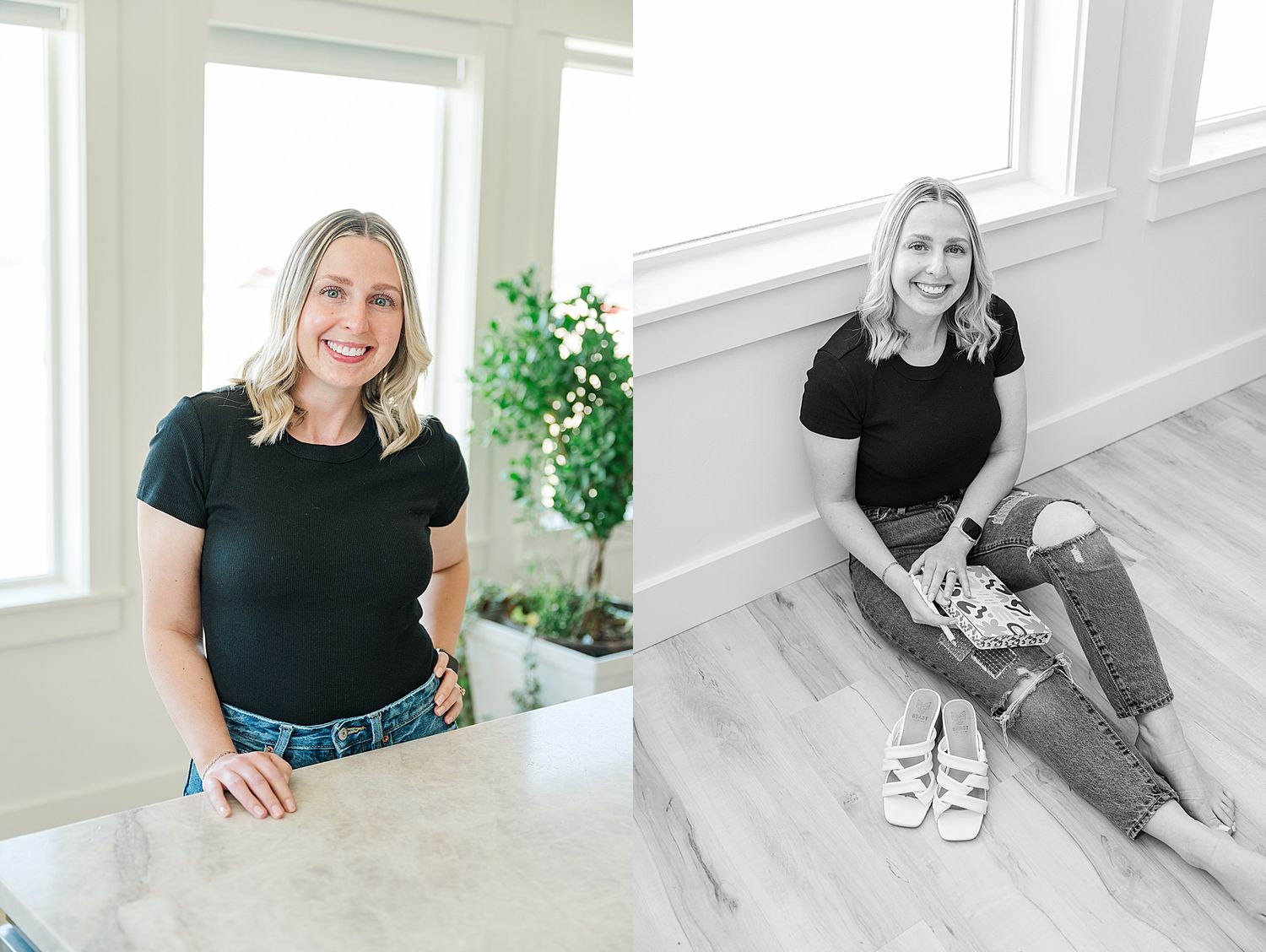 Casual lifestyle photos with indoor greenery and natural lighting in minimalist space.