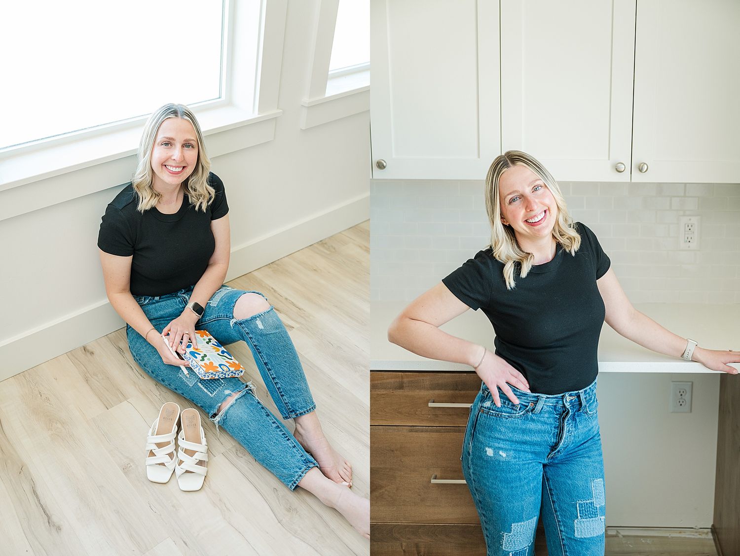 Casual lifestyle portraits against white cabinets and light wood flooring.