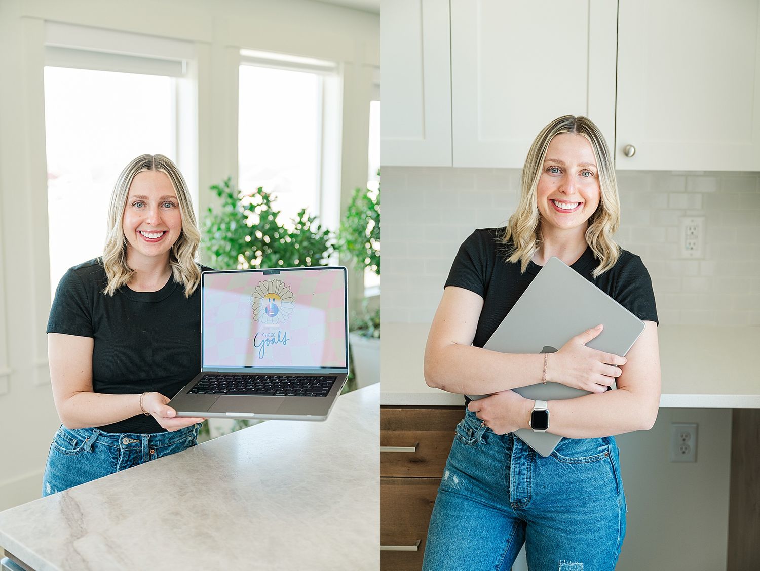 Professional working with laptop and tablet in modern minimal home office setting.