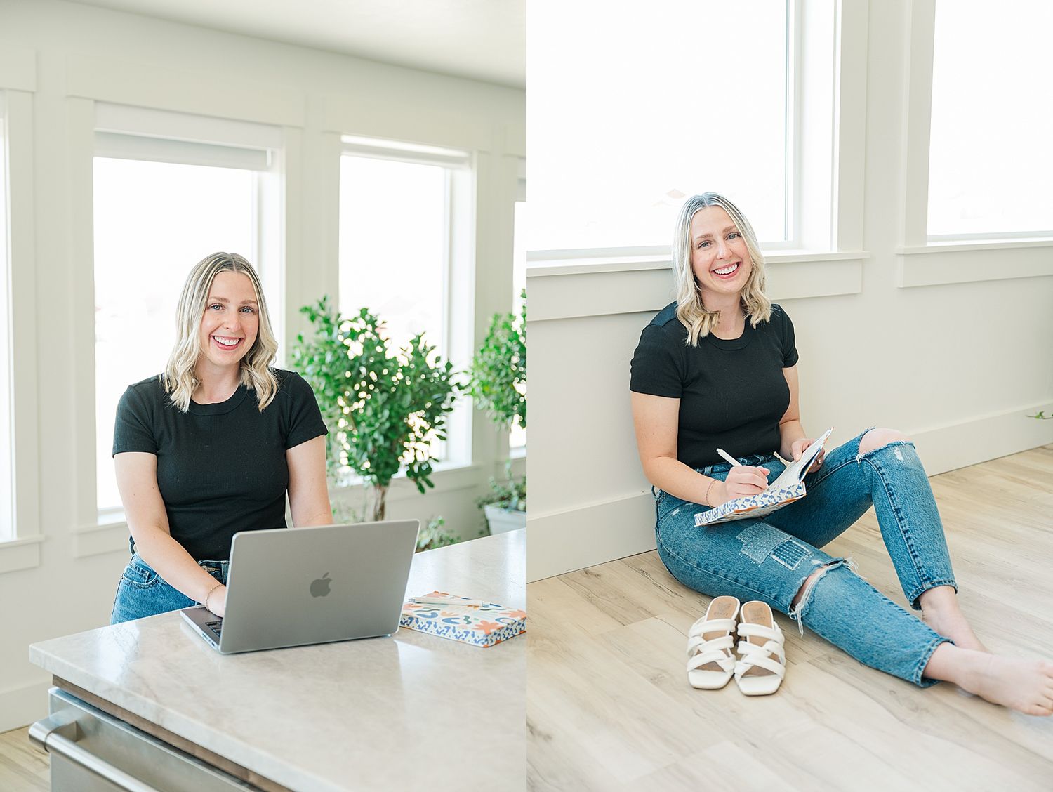 Home office lifestyle shots with laptop and indoor plants in bright space.