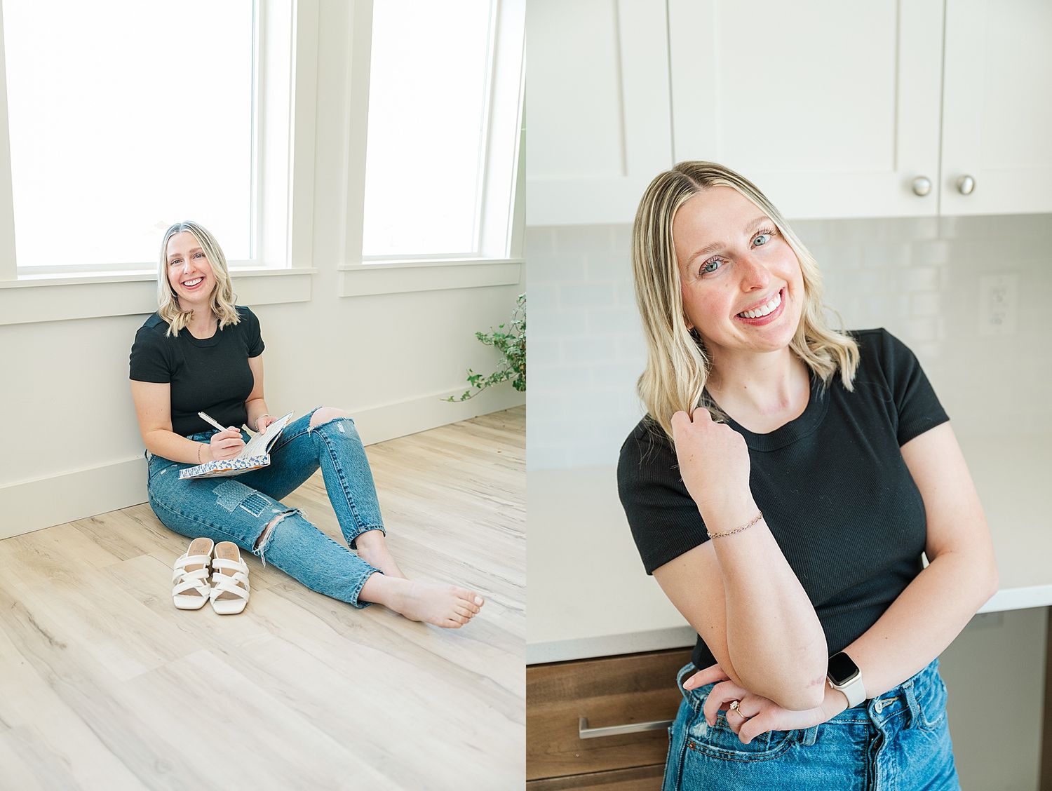 Casual lifestyle portraits in modern kitchen and living space.