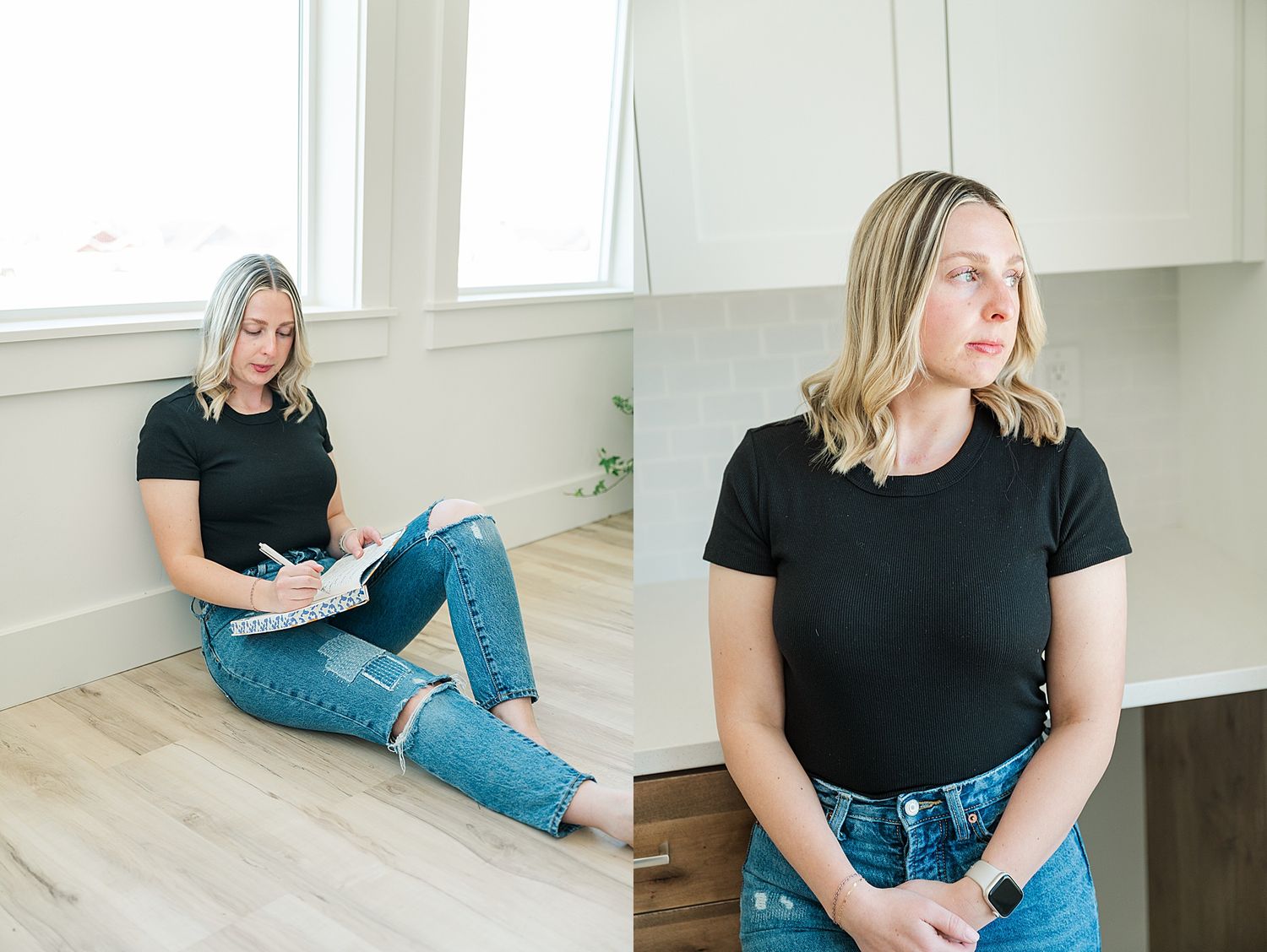 Lifestyle photos combining casual poses with workspace elements.