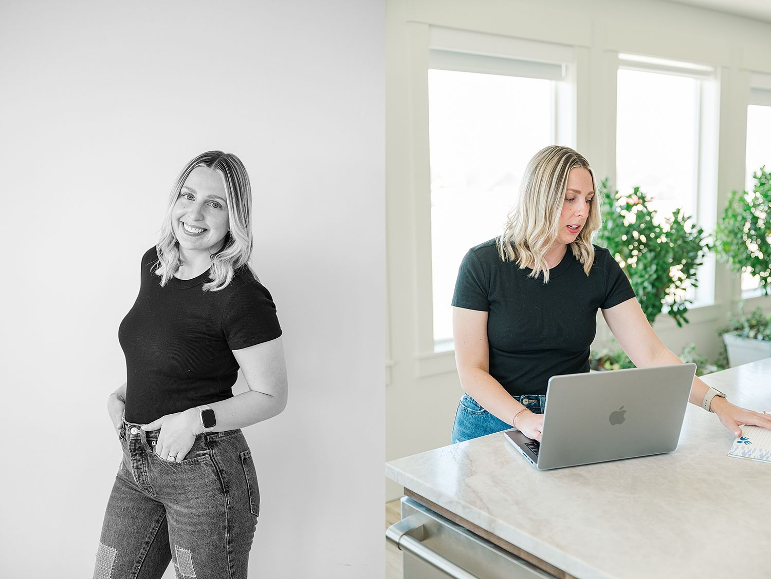 Professional lifestyle photos contrasting black and white with color compositions.