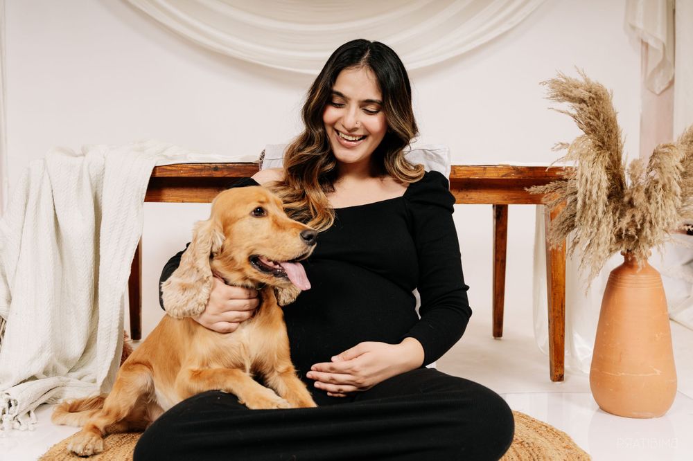 A pregnant woman in black dress sits with golden retriever dog on bench with pampas grass decor.
