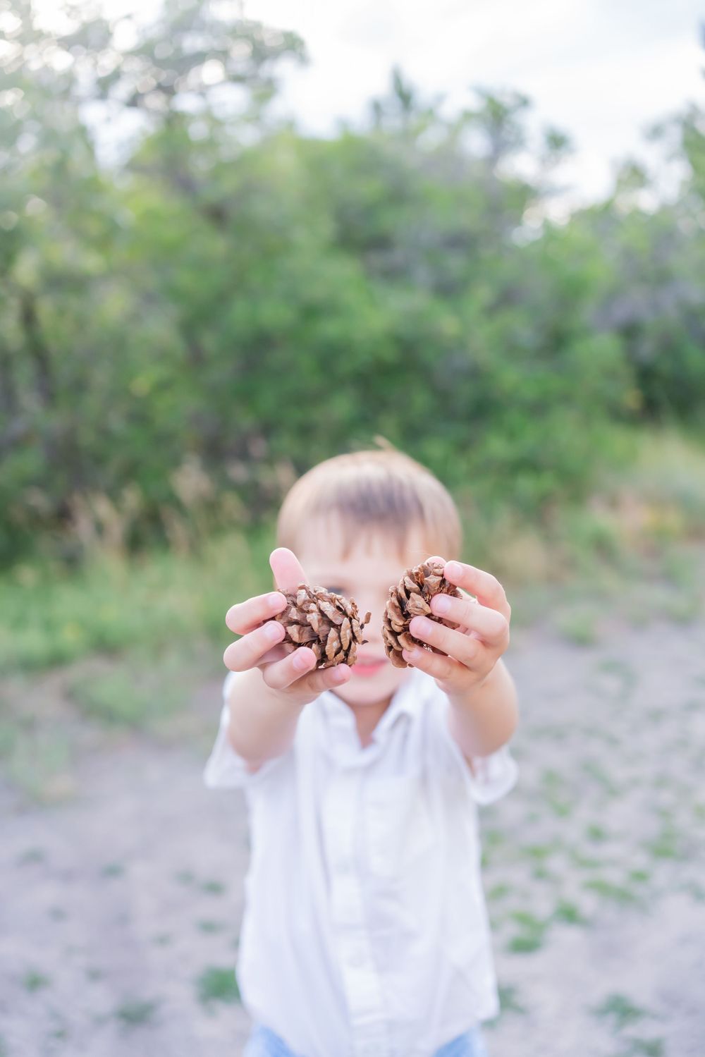 Child in white shirt holds up two pinecones against blurred natural background.
