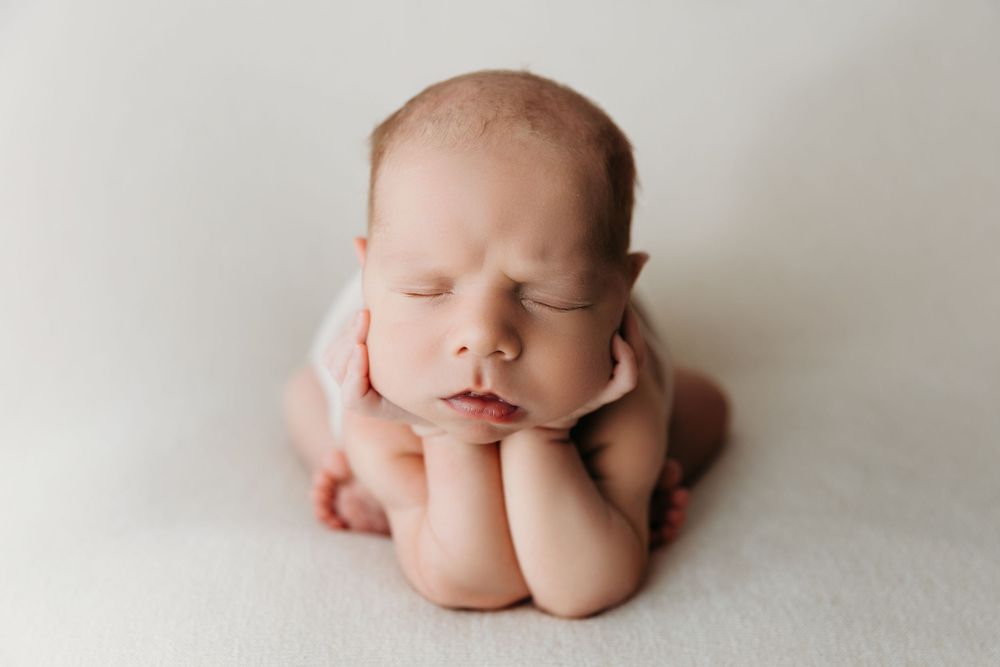 Professional newborn photography series on light background showing peaceful sleeping poses.
