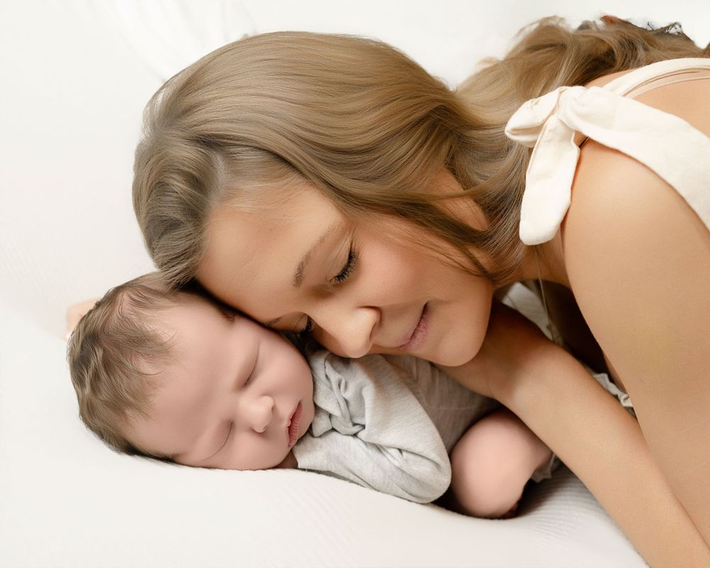 A young mother tenderly kisses her sleeping newborn baby on a white background.