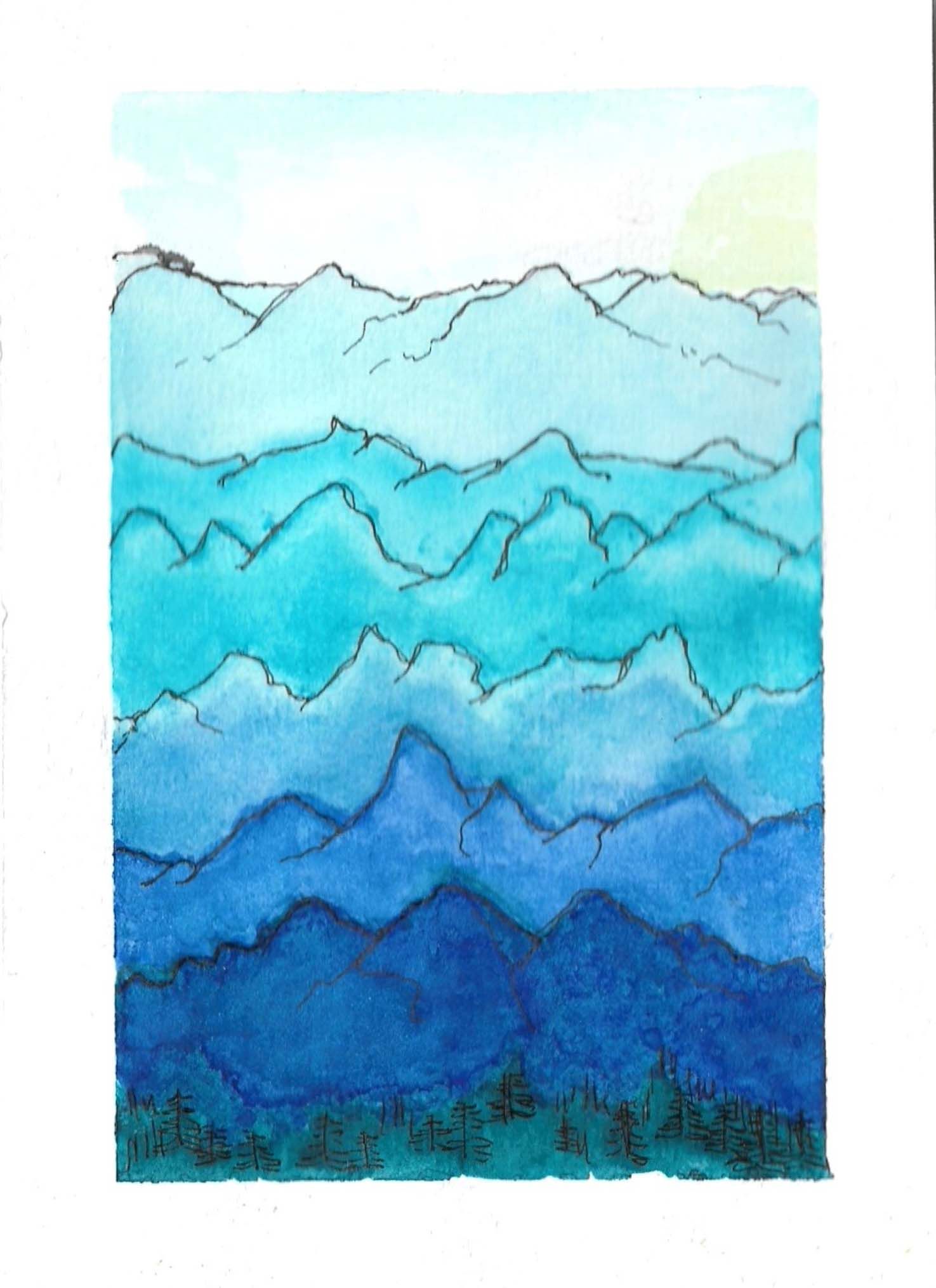 Watercolor mountain landscape in shades of blue showing layered peaks fading into the distance.