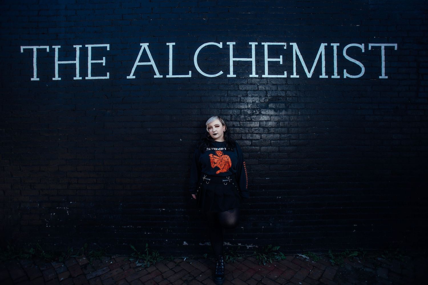 Text reading 'THE ALCHEMIST' in glowing blue letters against a dark background.
