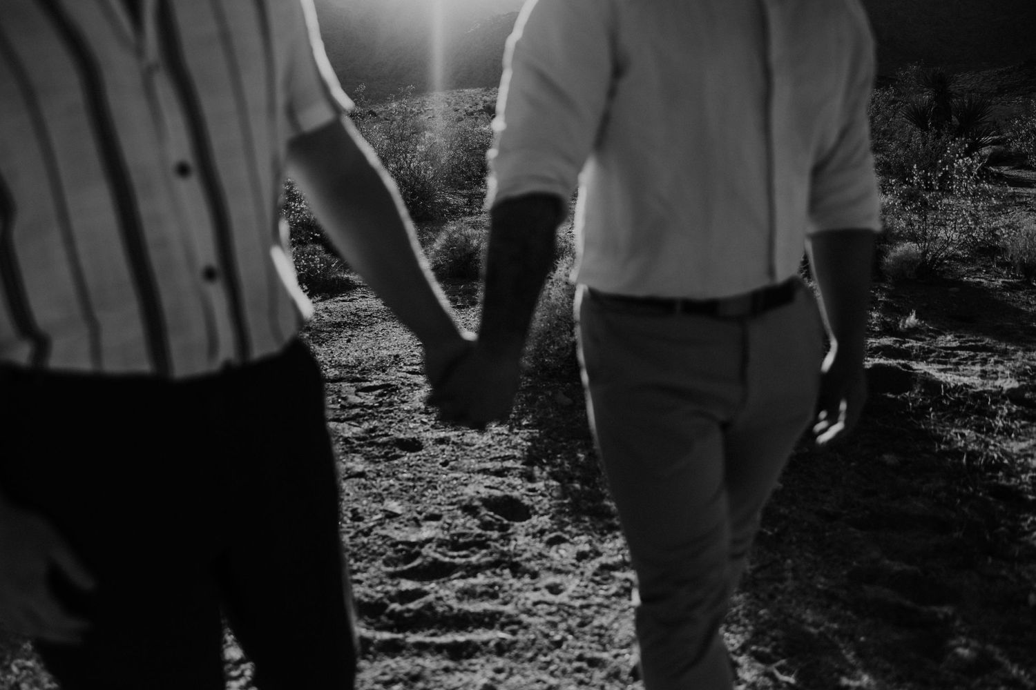 Black and white photo of people holding hands while walking in nature.