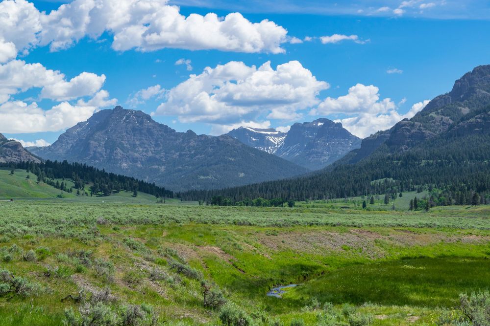 Scenic mountain landscape with snow-capped peaks and green valley under blue sky with puffy clouds.
