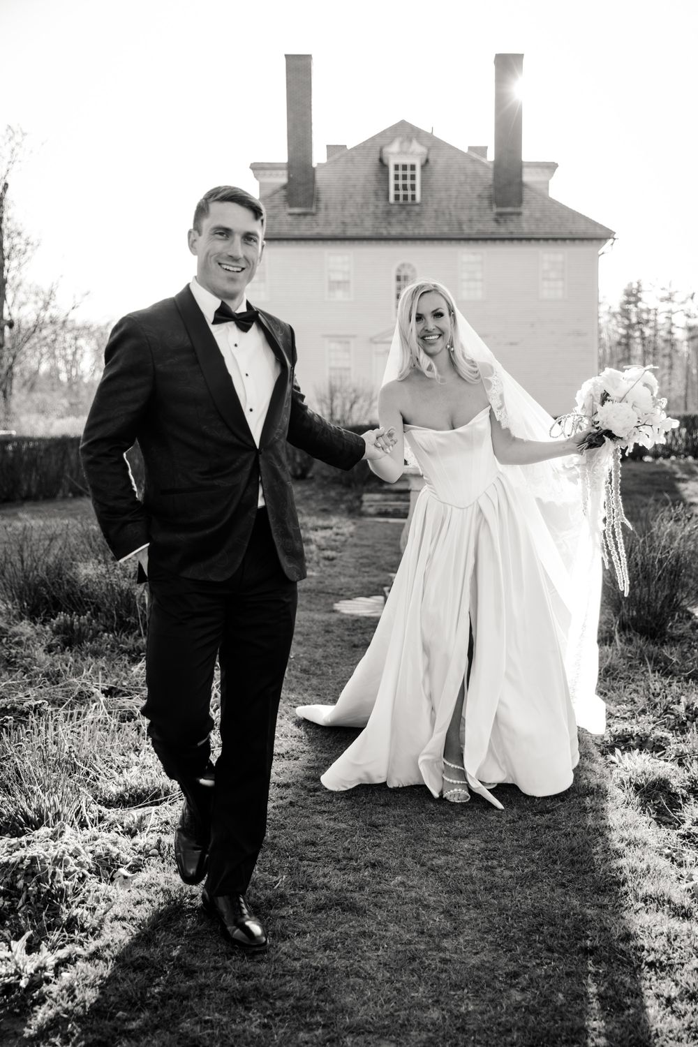 black and white photo of bride and groom