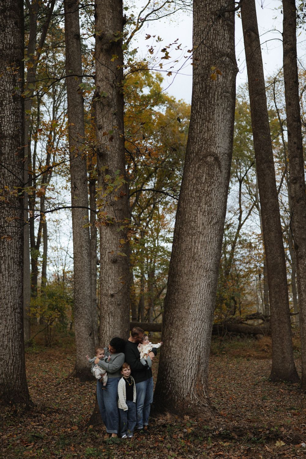 Family posing together between tall trees in an autumn forest with fallen leaves on the ground.