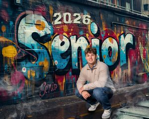 A high school senior poses in front of a colorful graffiti mural reading 2026 Senior on a urban brick wall.