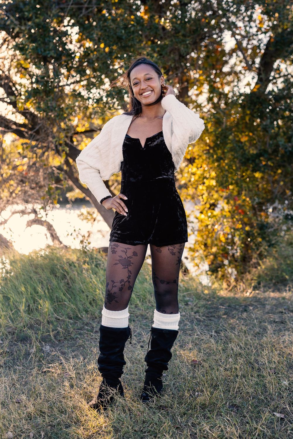A series of candid outdoor portraits showing joyful expressions and playful poses in a natural autumn setting.