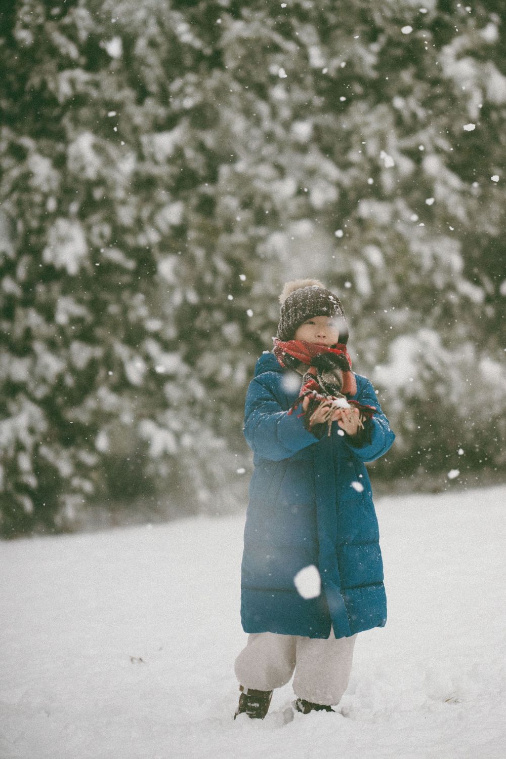 Small child in a blue winter coat and knit hat stands in falling snow holding a toy against a snowy background.