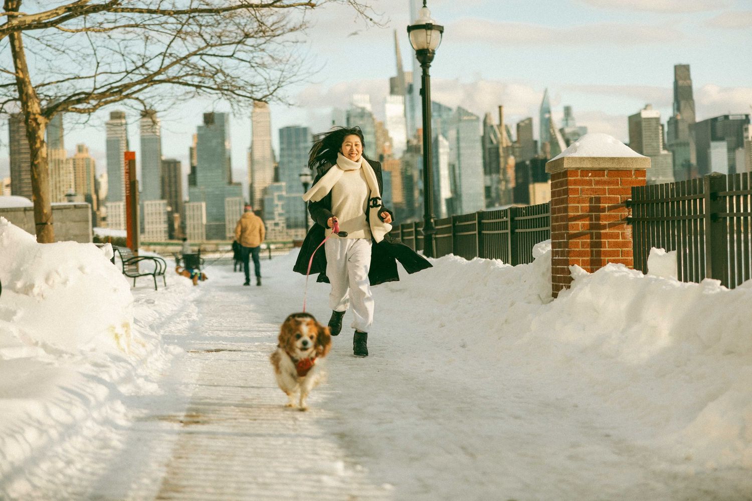 A person walks a golden retriever along a snowy path in a park with the Manhattan skyline visible in the background.