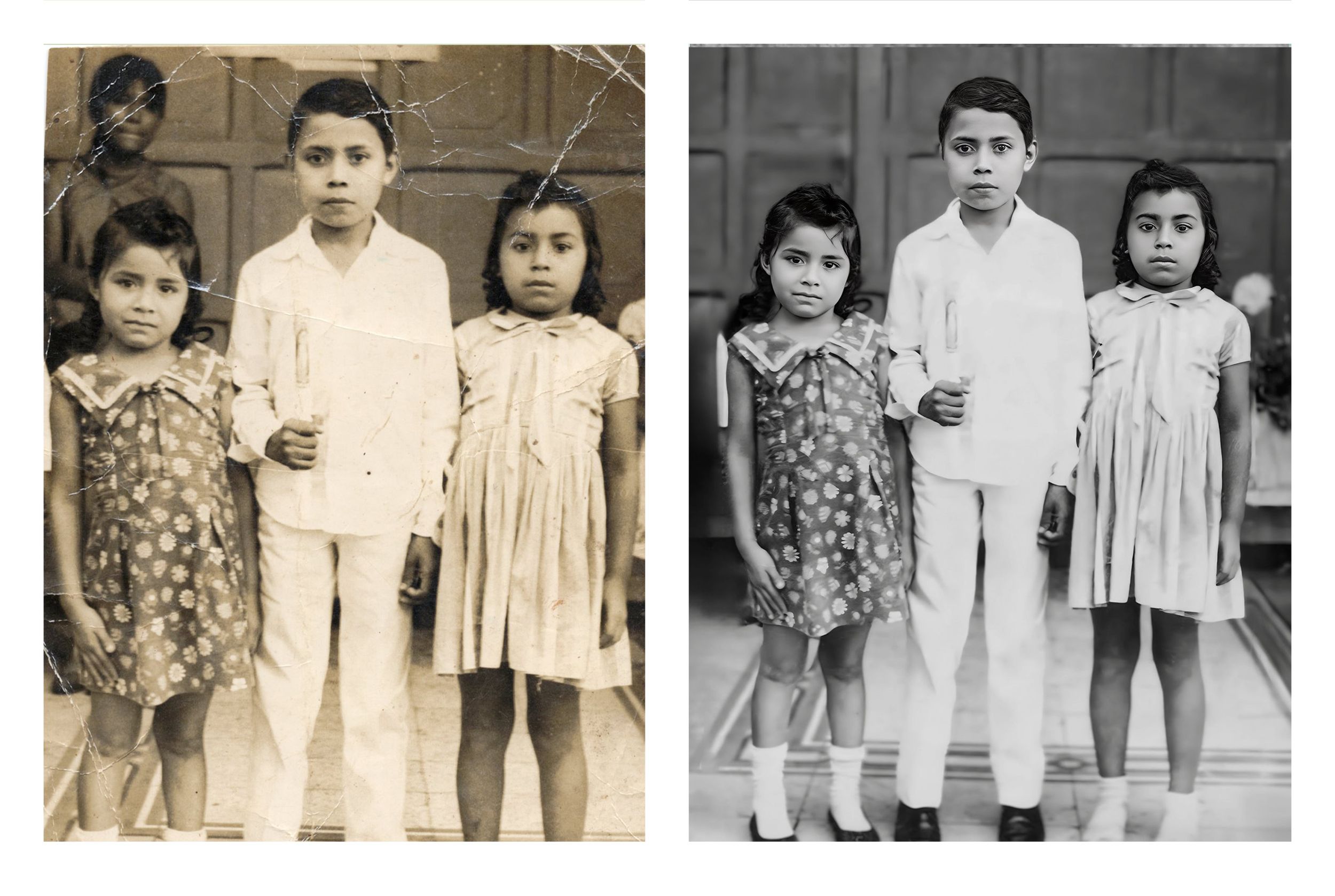 Photo restoration services in Brickell Miami showing restored family photograph of three siblings
