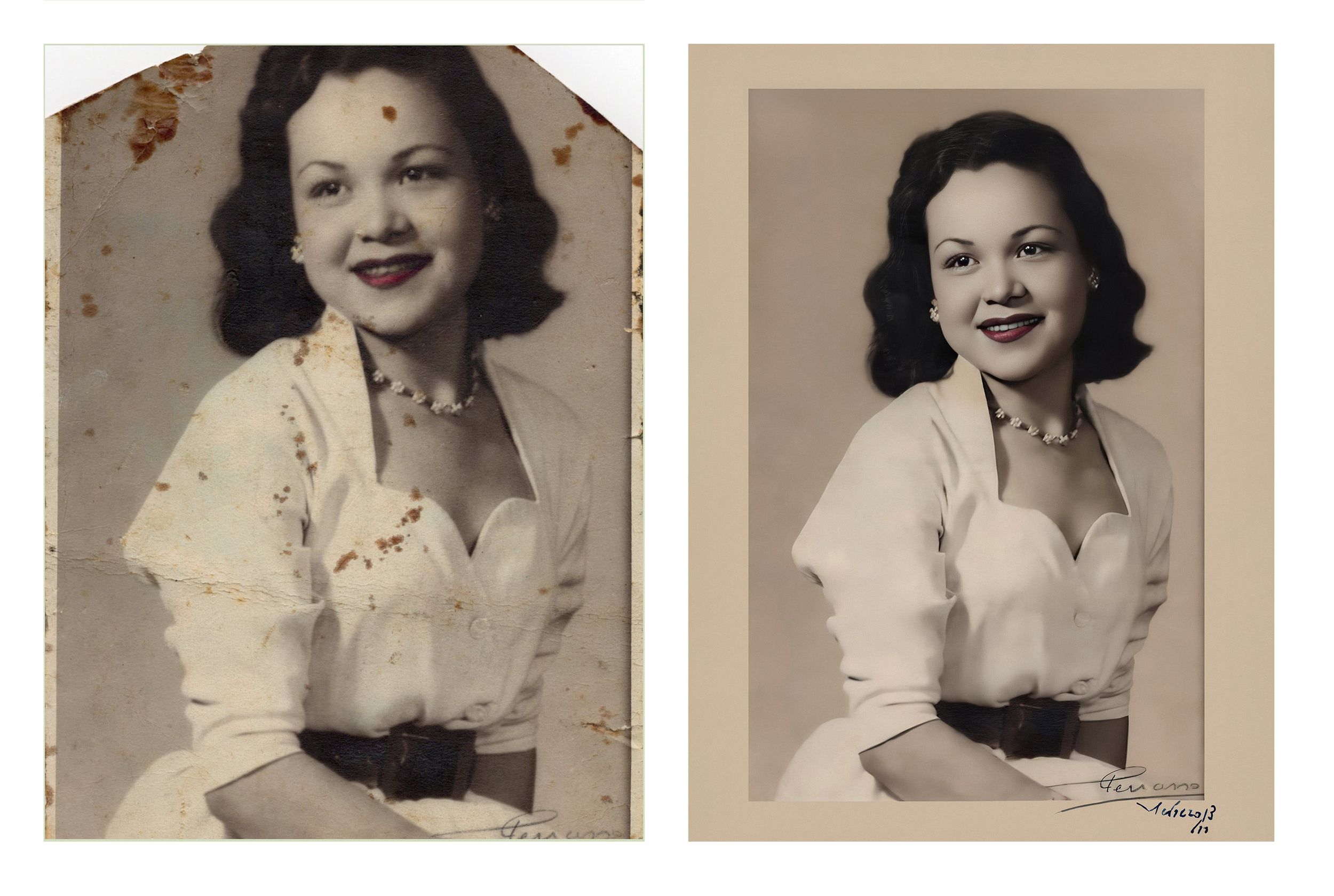 Professional photo restoration result showing restored vintage portrait in Coral Gables
