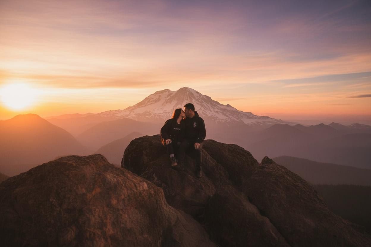 Couple sitting on a rocky mountain summit watching a stunning sunset with Mount Rainier in the background.