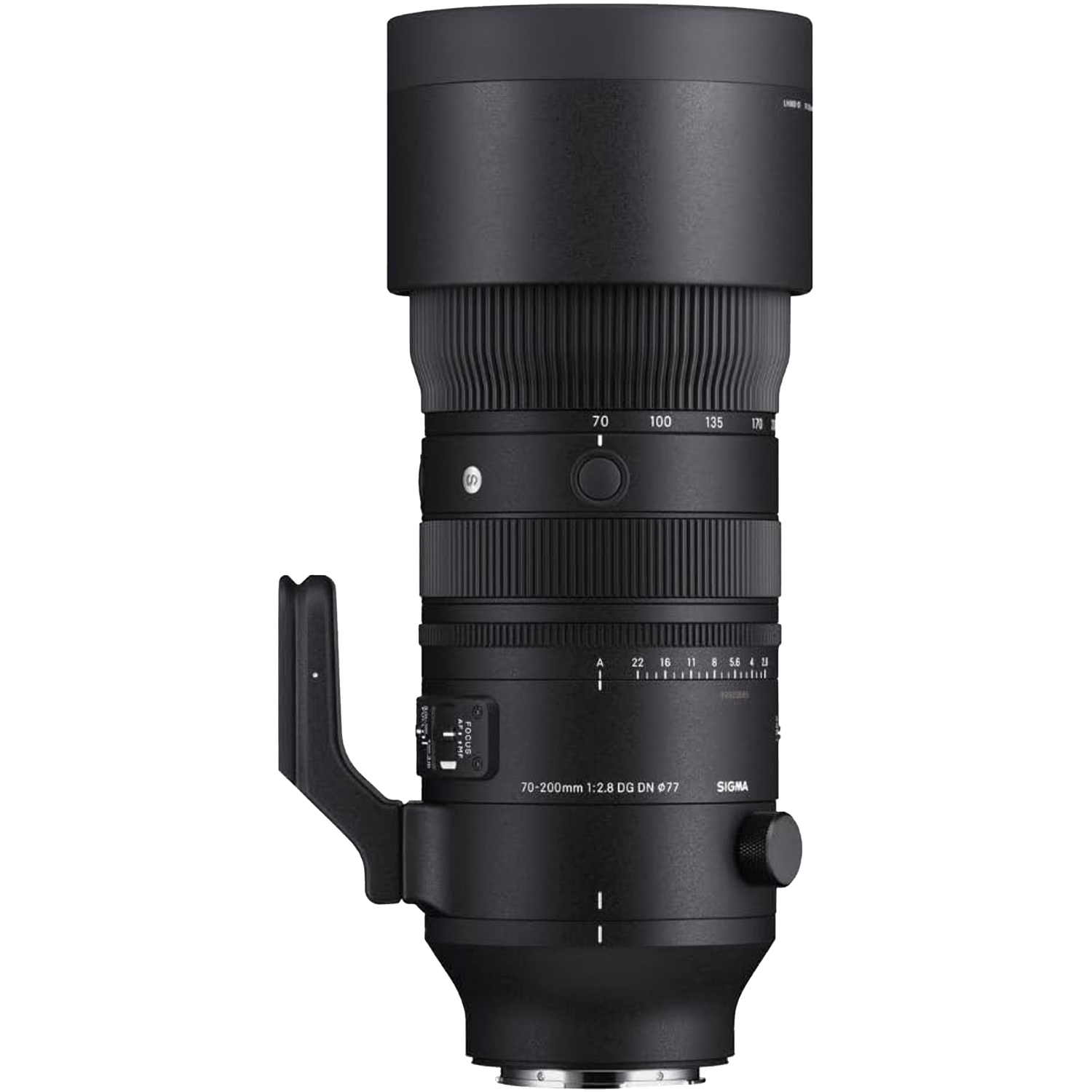 Professional black telephoto zoom lens with stabilization mount showing Sigma 70-200mm f/2.8 DG DN OS lens specifications.