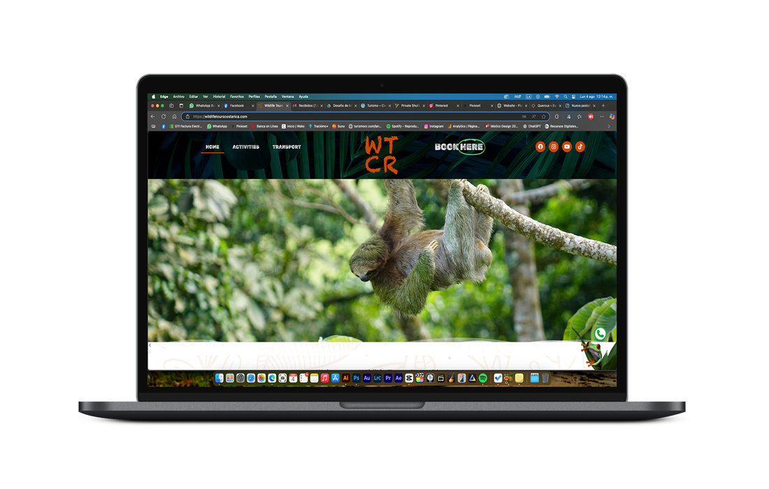 Laptop displaying tropical website design with mountain volcano landscape.