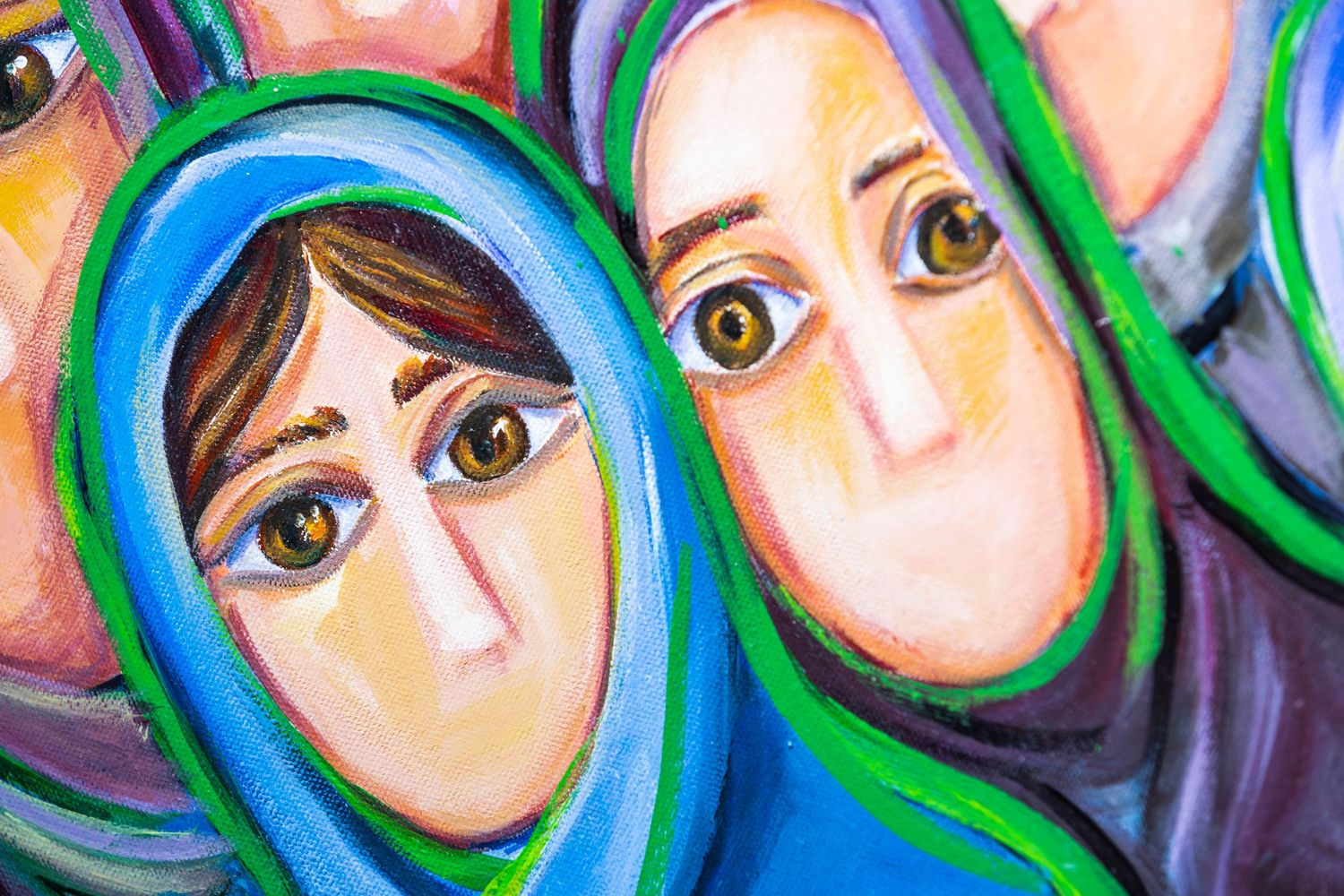 Colorful painting depicting women in blue and green hijabs with expressive eyes.