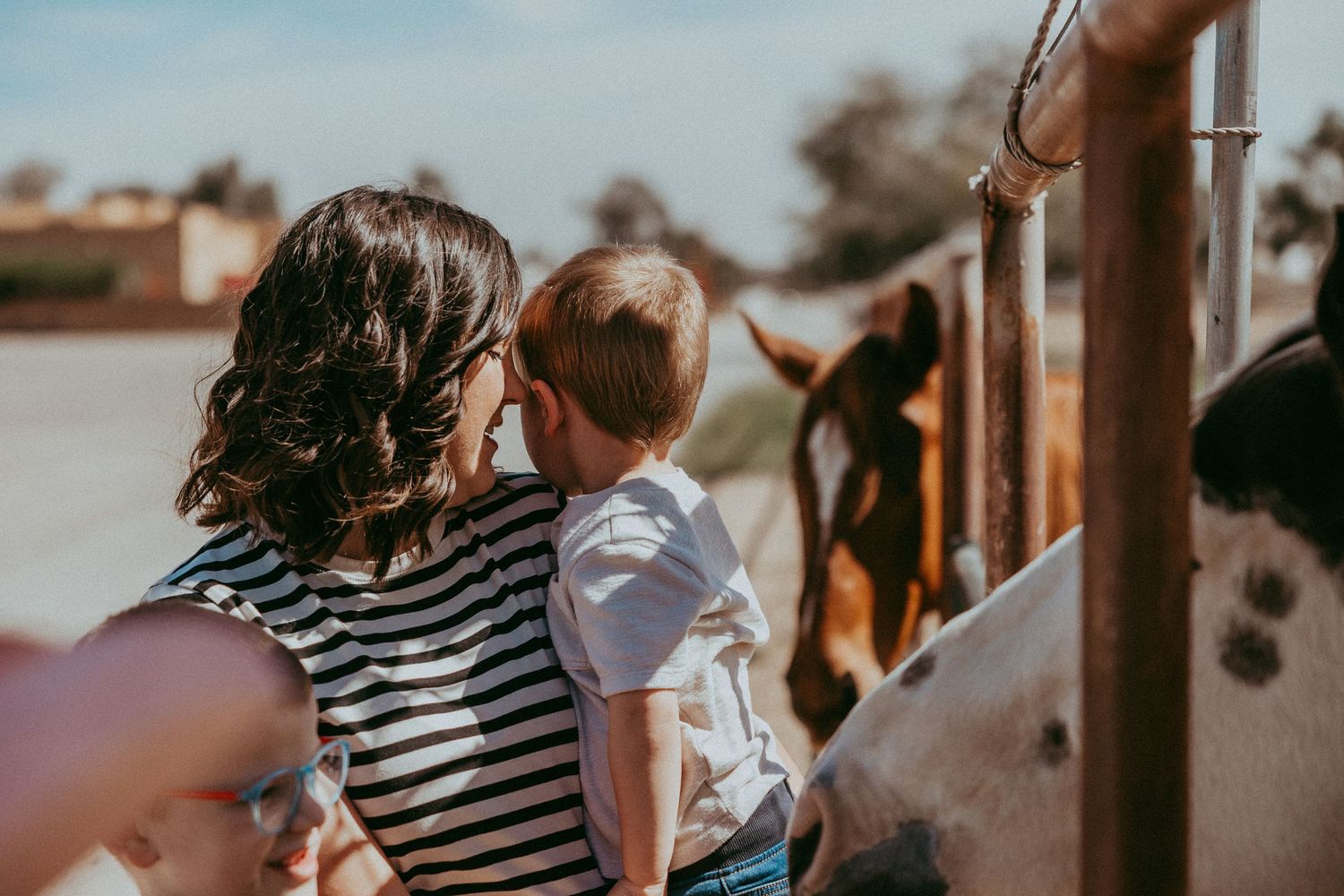 A mother holding her young child while viewing horses at a farm fence on a sunny day. Goodyear, Arizona