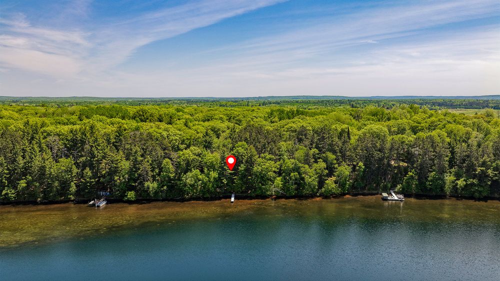Aerial view of a serene lakeside property surrounded by lush green forest with a red marker indicating the home site.