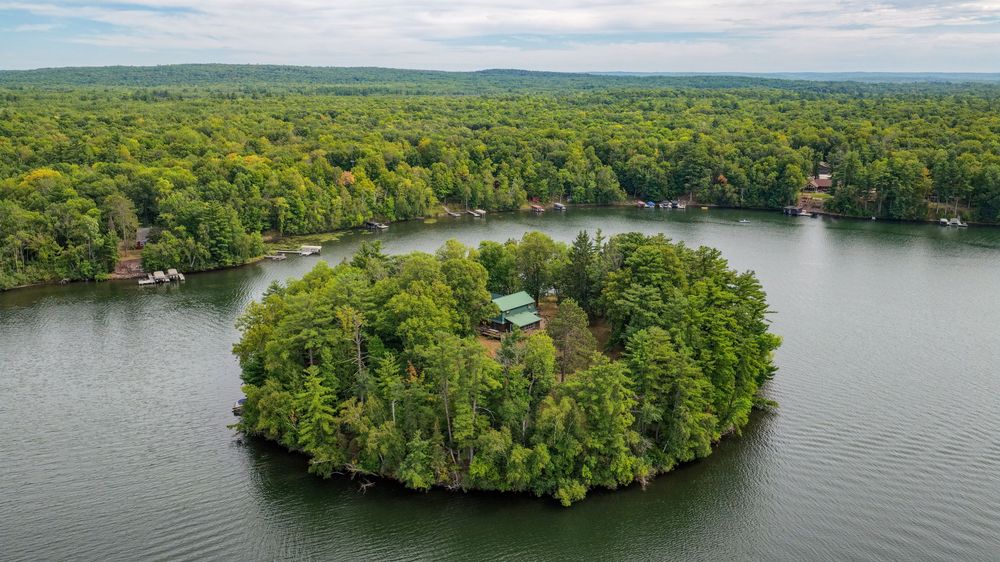 Aerial view of a lush tree-covered island surrounded by calm lake waters with dense forest in the background.