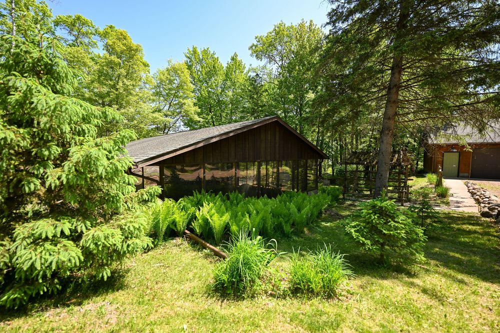 A rustic wooden cabin surrounded by lush green trees and ferns in a serene forested setting on a sunny day.