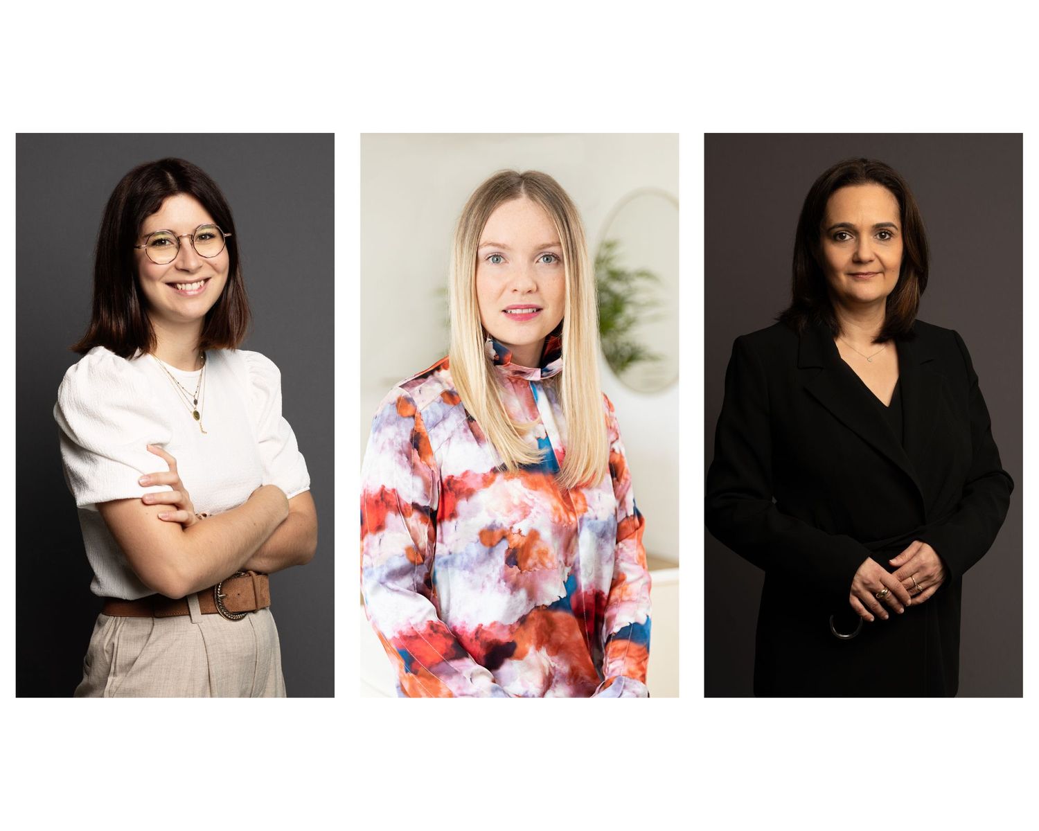Professional headshots of three colleagues in business attire against neutral backgrounds in a side by side layout.