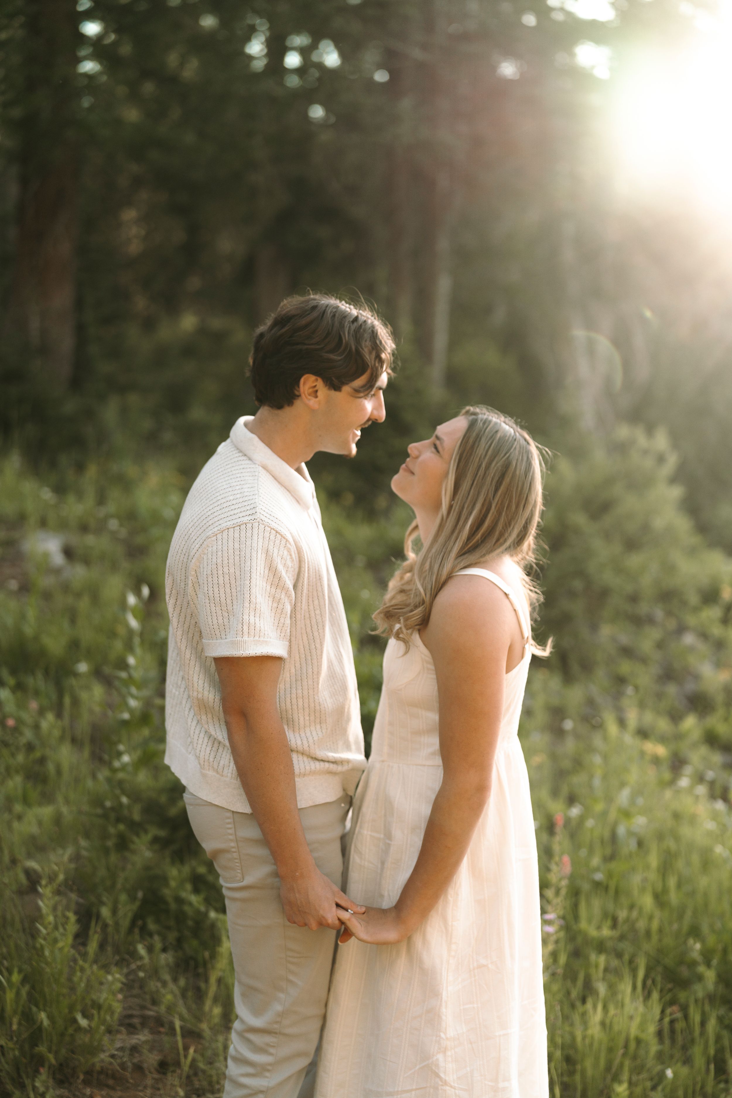 Couple sharing intimate moments in a meadow as golden sunlight streams through evergreen trees.