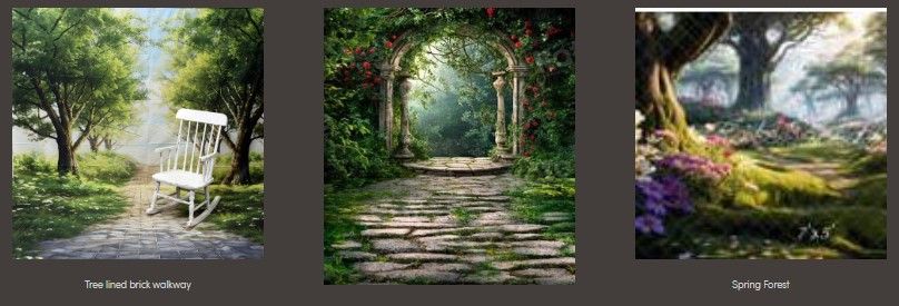 Collection of three fantasy garden digital backdrops with paths and magical lighting.