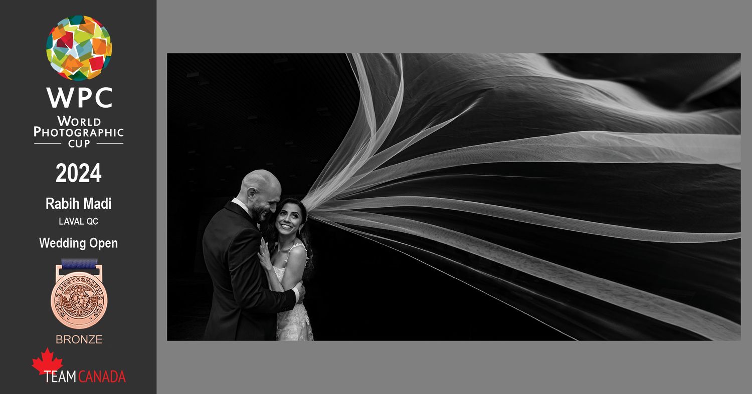 Artistic black and white wedding photo with flowing veil creating dramatic lines against dark background.