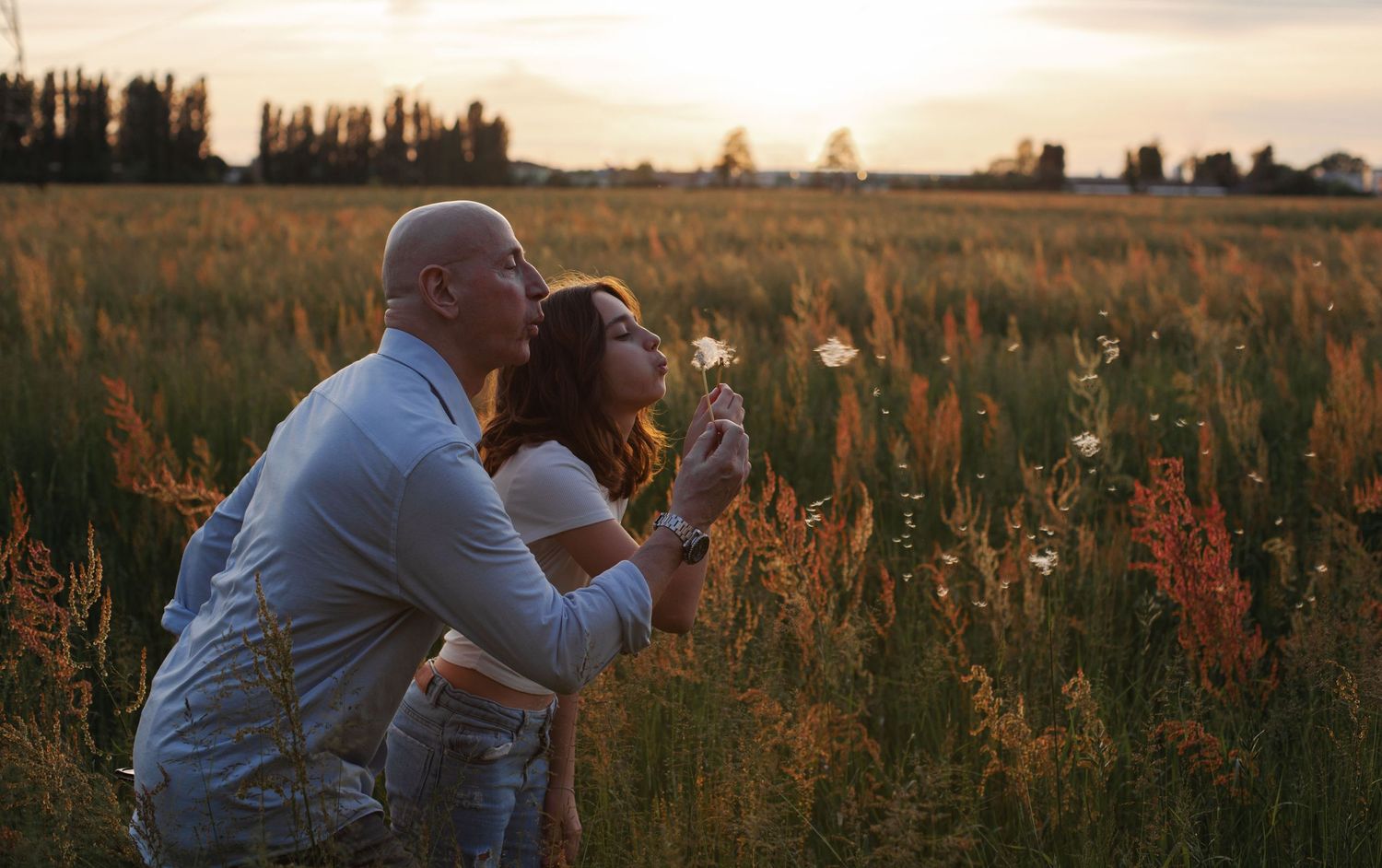 papà e figlia soffione grande soffiare in un campo di fiori, erba a peschiera borromeo, fotografati da elisabetta massera photography