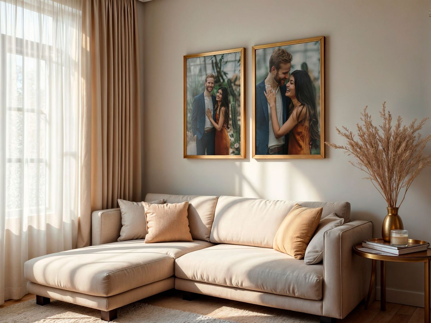 Modern living room with beige L-shaped sectional sofa, large framed artwork, and decorative pampas grass in a vase.