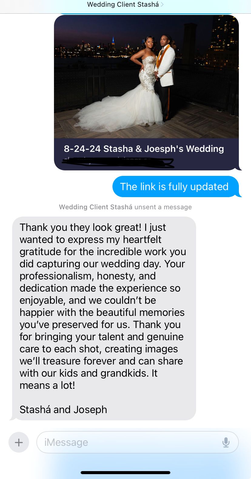 Wedding testimonial message showing client feedback and appreciation for photography services.