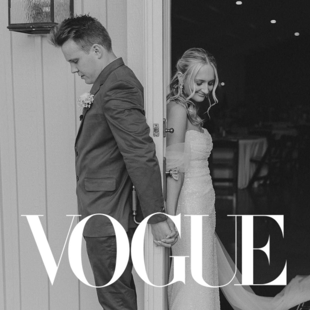 Black and white wedding photo with Vogue typography overlay.