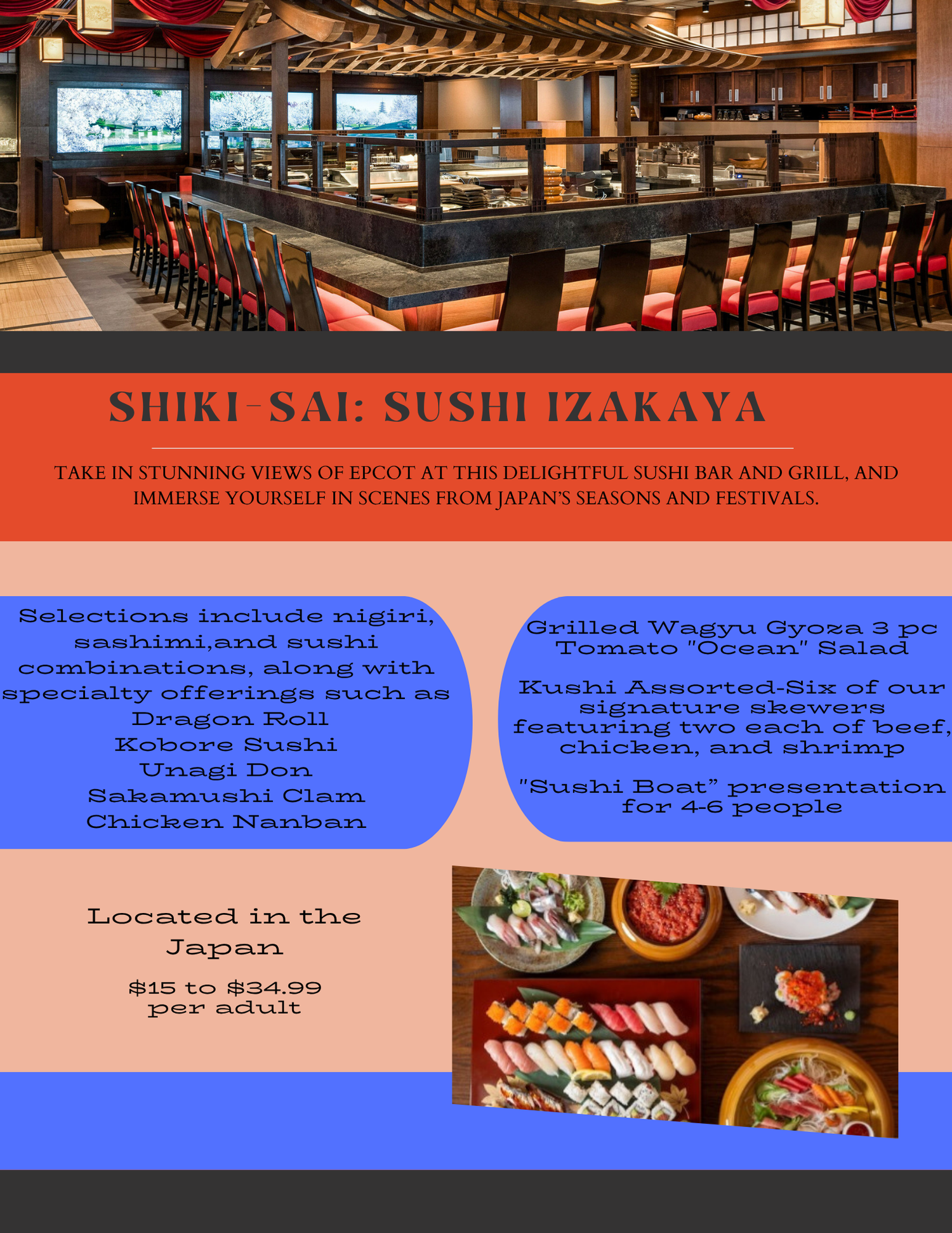 Modern Japanese sushi restaurant interior with red accents and wooden beams featuring bar seating and illuminated decor.